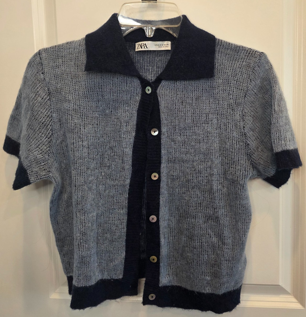 Zara Cardigan Short Sleeve Women's Navy Blue Alpaca Sheer Open Knit Collared